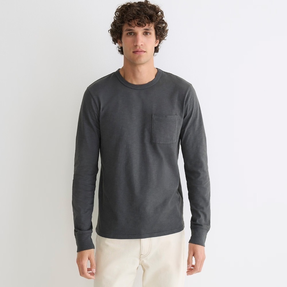 NEW J. Crew Garment-Dyed Slub Cotton Long-Sleeve Dark Gray T-Shirt w/ Pocket, XL
